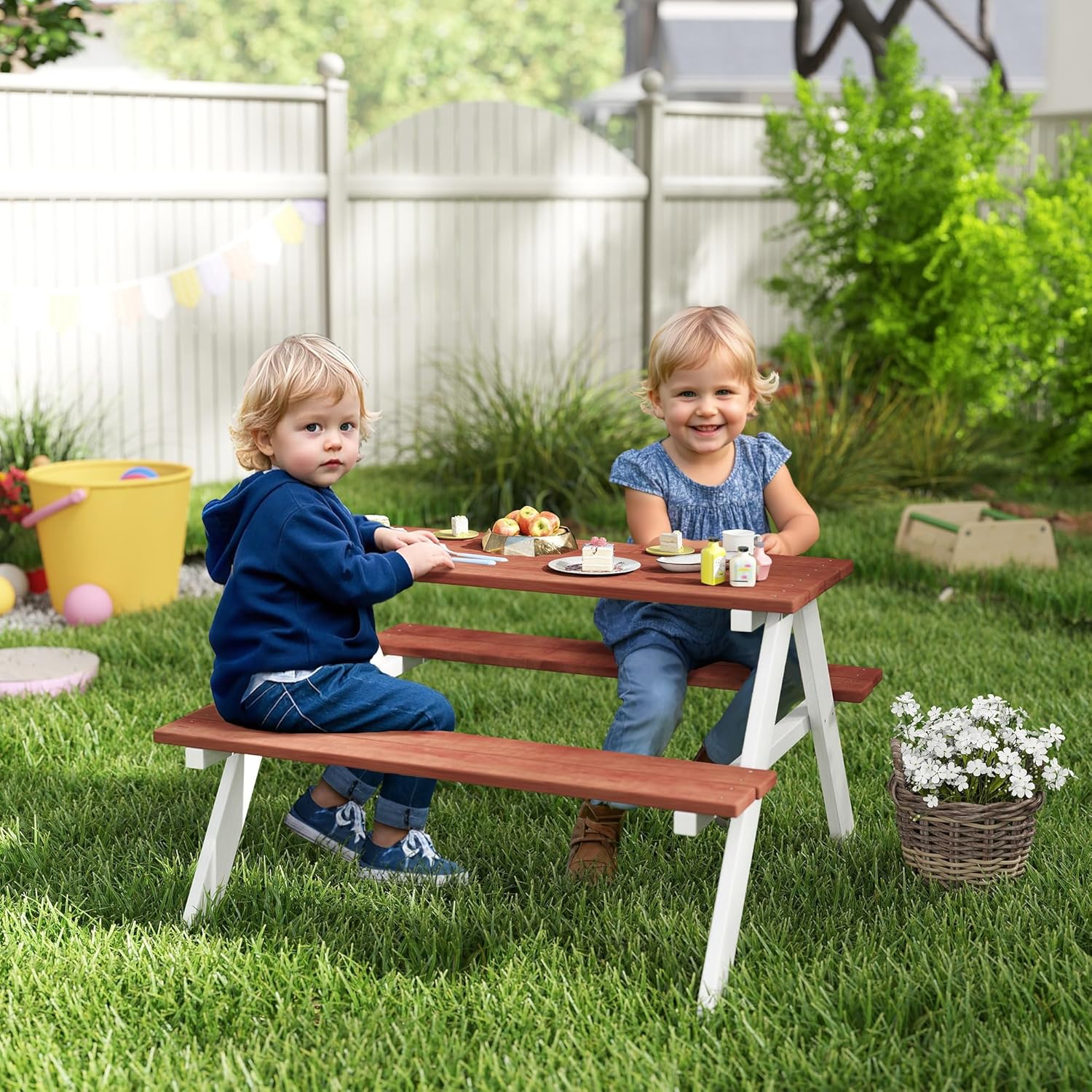 Kids Picnic Table Set, Wooden  - Kids Outdoor Furniture Set 评论和价格